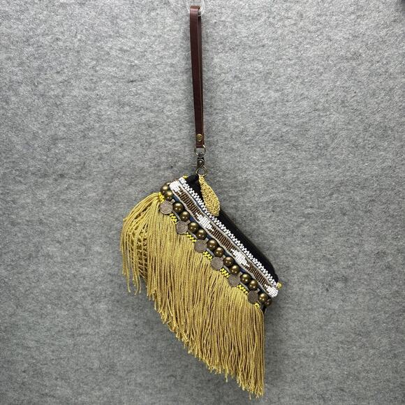 Elliot Mann NY Indie Clutch Wristlet Beaded Gold Fringe Coins Boho Handcrafted - Picture 3 of 10